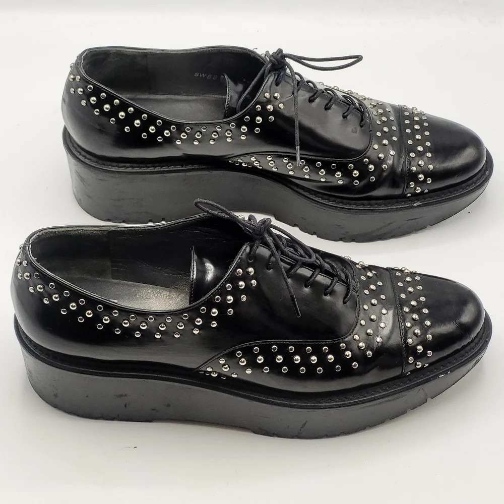 Stuart‎ Weitzman Zealous Studded Platform Loafer Jet Mirror Black. Size 9.5 M